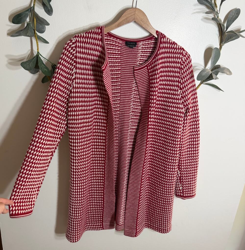 Talbots Red & White Merino Wool Cardigan